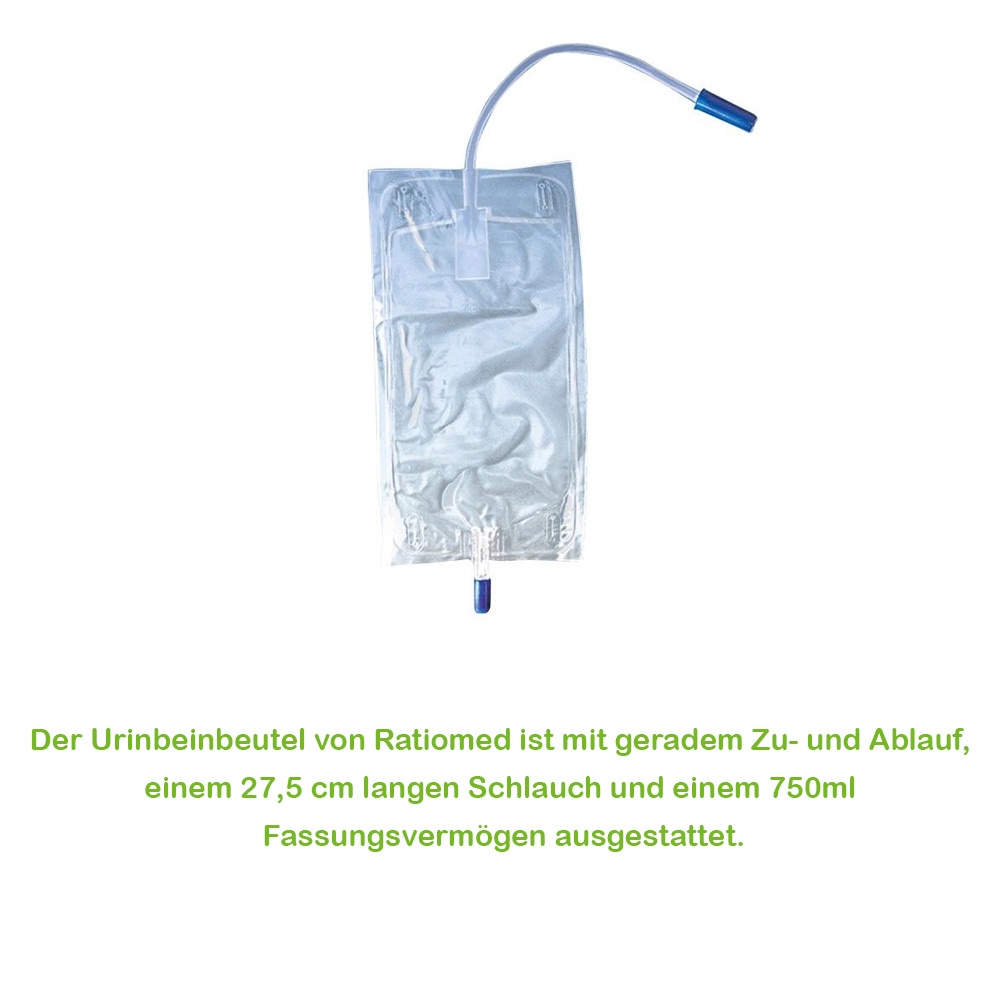 Ratiomed Urinbeinbeutel Einkammer 750 ml, Zu-/Ablauf, 27,5 cm Schlauch