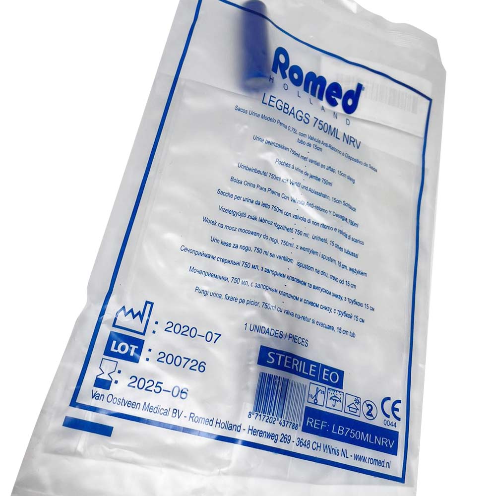 Ratiomed Urinbeinbeutel Einkammer 750 ml, Zu-/Ablauf, ca 15 cm Schlauch