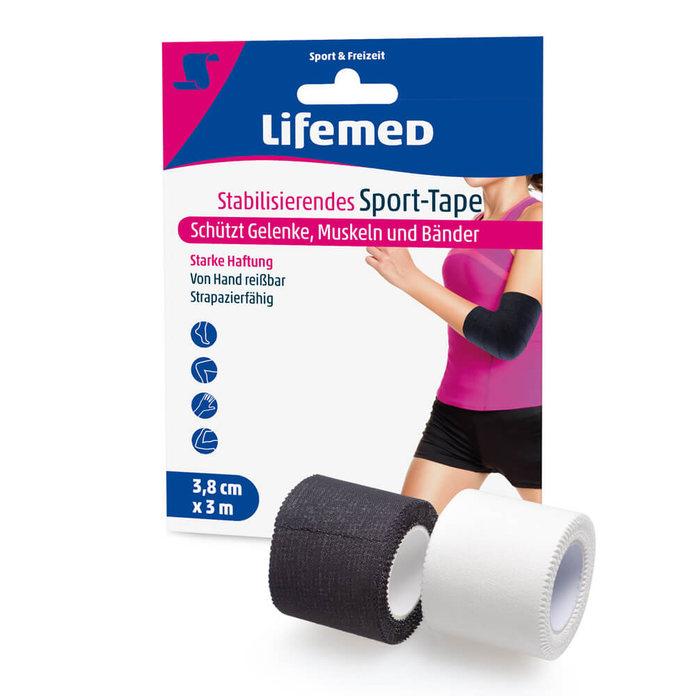 Sporttape, stabilisierend, von Lifemed®, 3m x 3,8cm, 2 Rollen (schwarz/weiß)