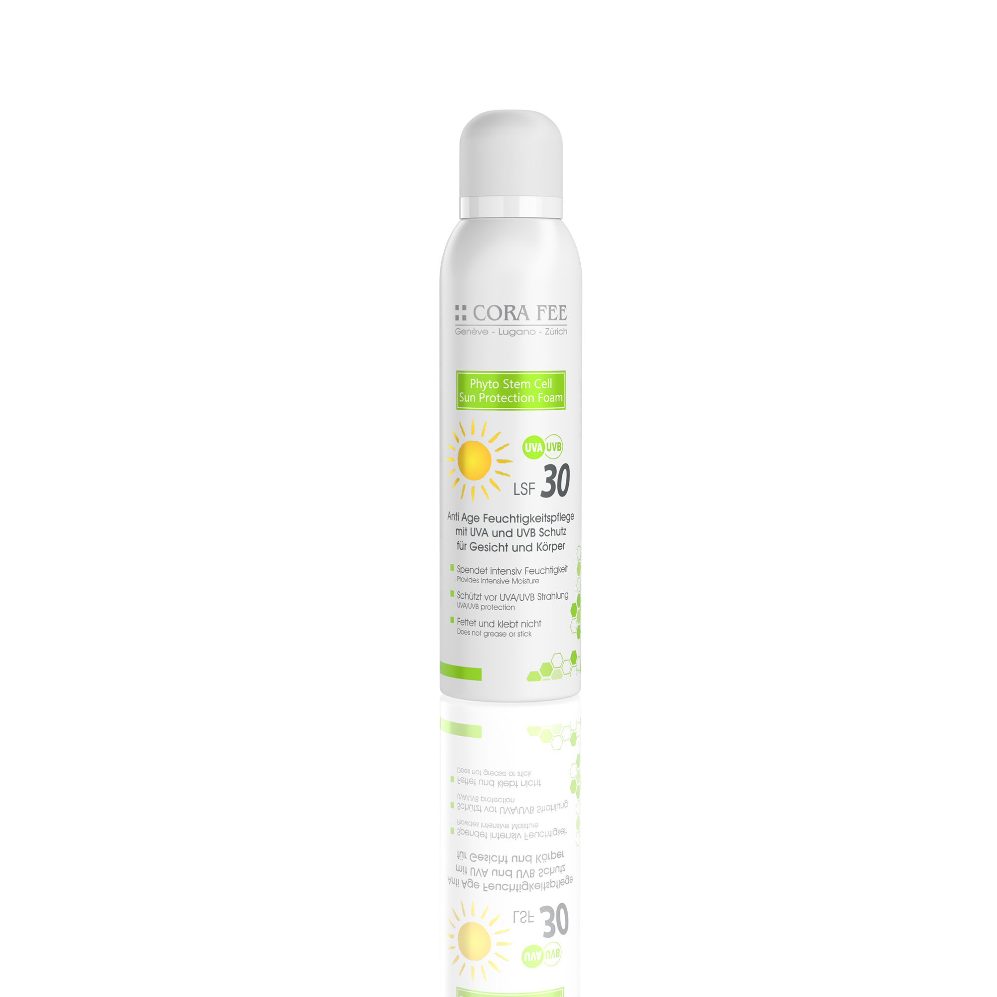 Cora Fee Phyto Stem Cell, Sonnenschutzschaum für Gesicht und Körper, LSF 30, 150ml