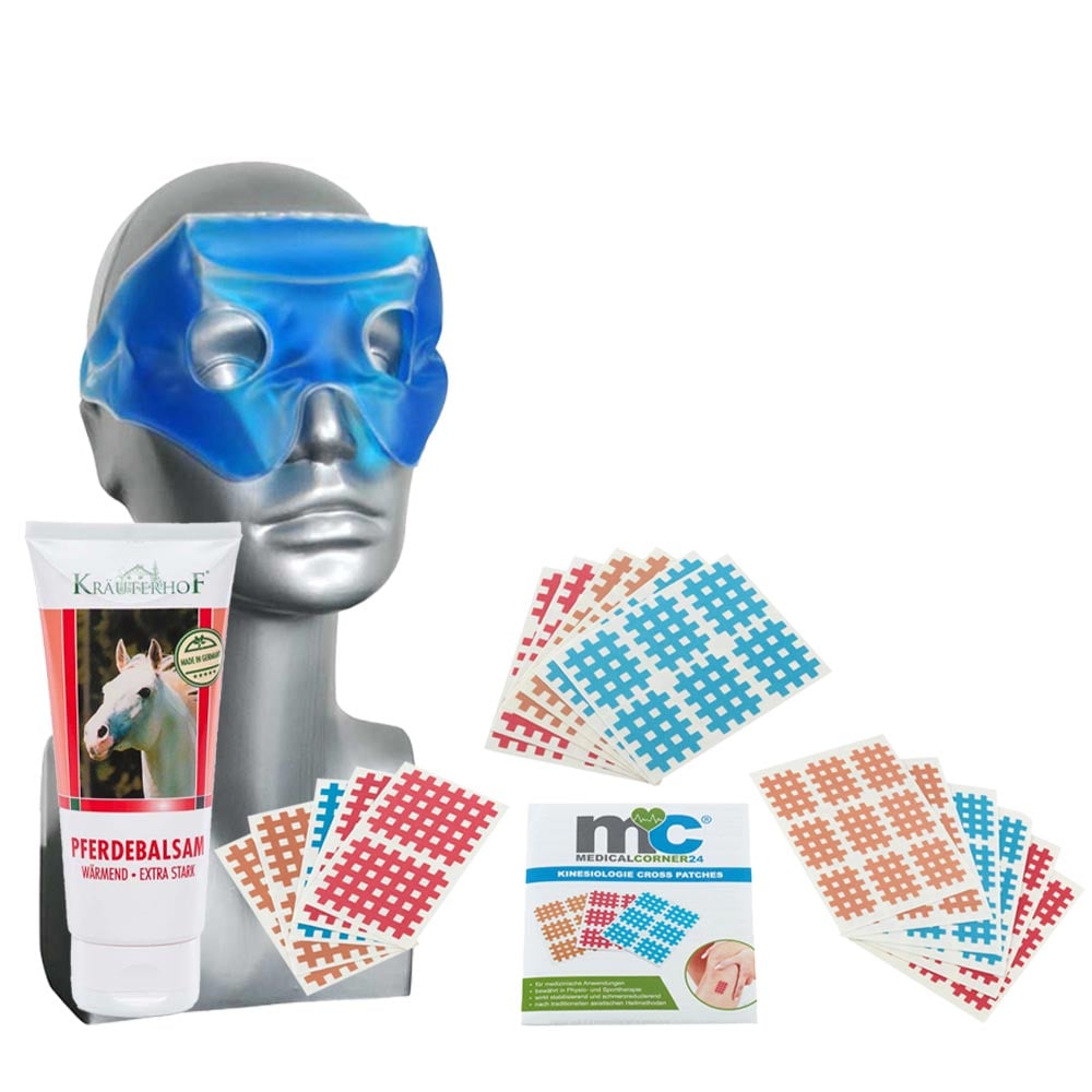 Kopfschmerz/Verspannung-Set mit Migräne Maske, Gittertapes und Pferdebalsam