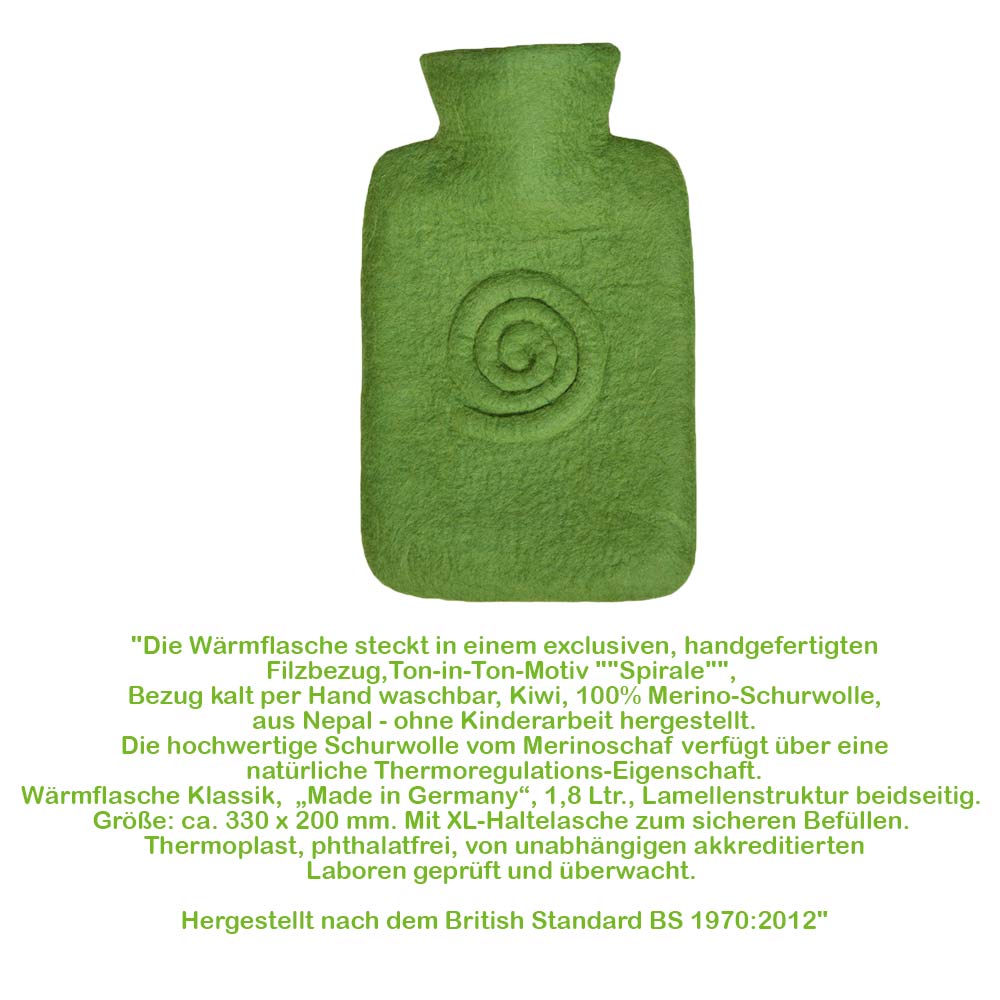 Hugo Frosch Klassik Wärmflasche 1,8 L, Filzbezug, Spirale Kiwi