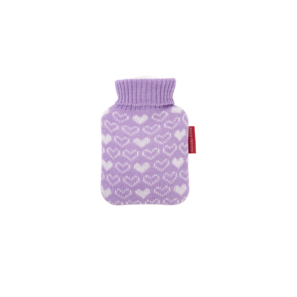 Hugo Frosch Mini Wärmflasche 0,2 L, Strickbezug, Herzen, lila