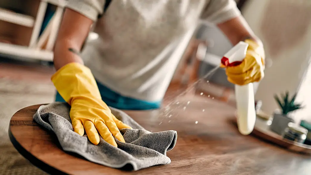 Häufiges, feuchtes Wischen ist eine wirksame Methode, um die Konzentration an Hausstaub niedrig zu halten Eine Frau wischt die Oberfläche eines Holztisches feucht ab und benutzt dabei eine Sprühflasche mit Reinigungsmittel und trägt Schutzhandschuhe