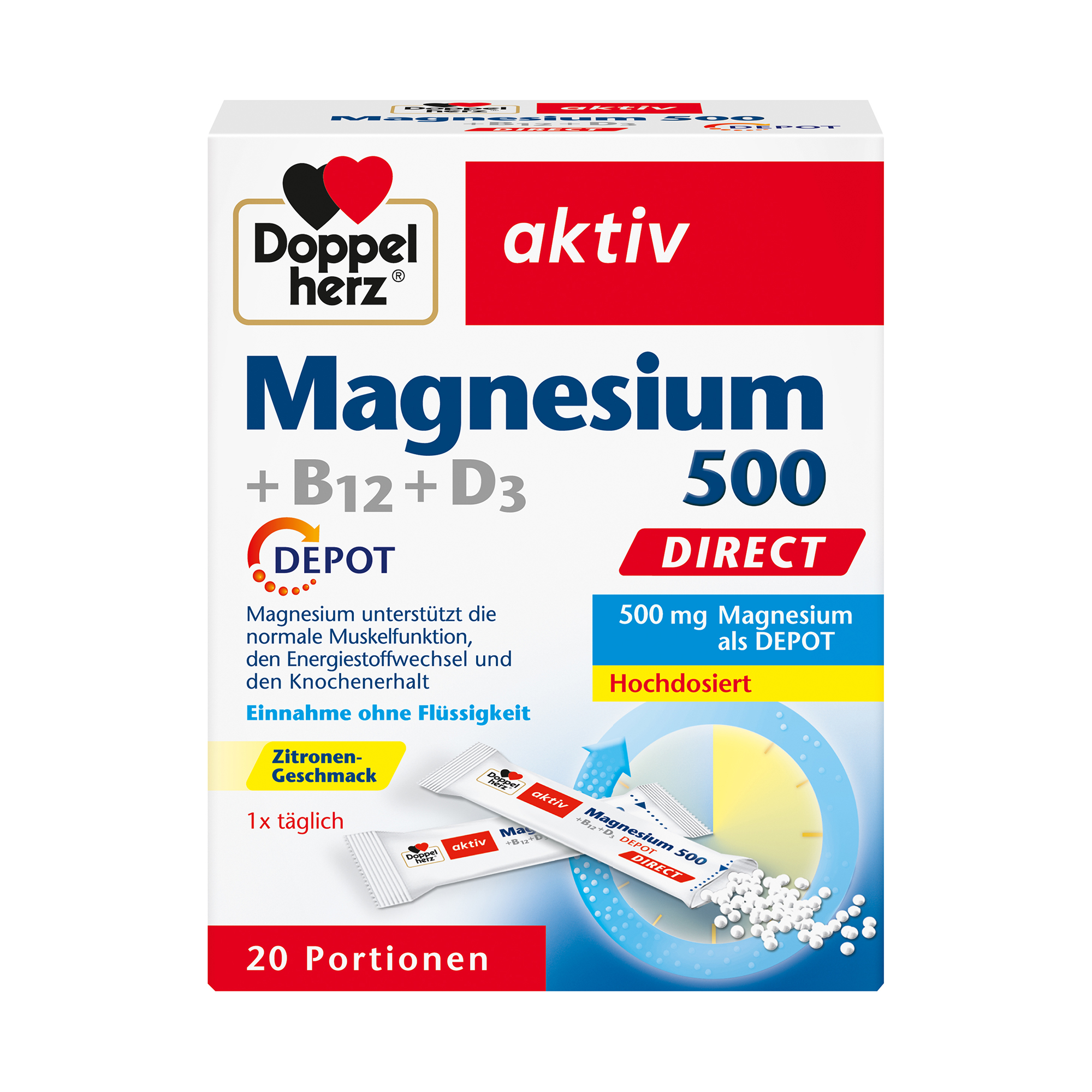 Doppelherz aktiv Magnesium 500 + B12 + D3 Depot, direct, 20 Portionen