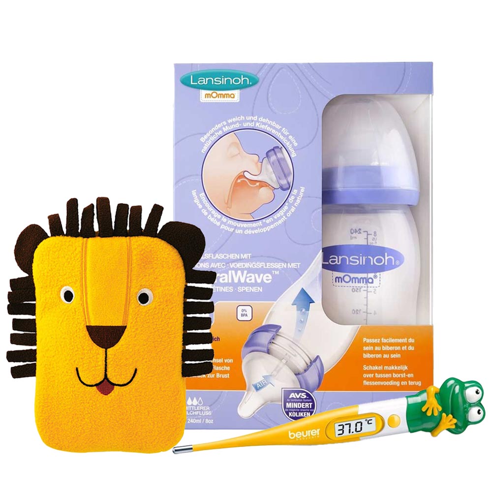 Baby-Set mit Babyflasche, Fieberthermometer und kleiner Wärmflasche