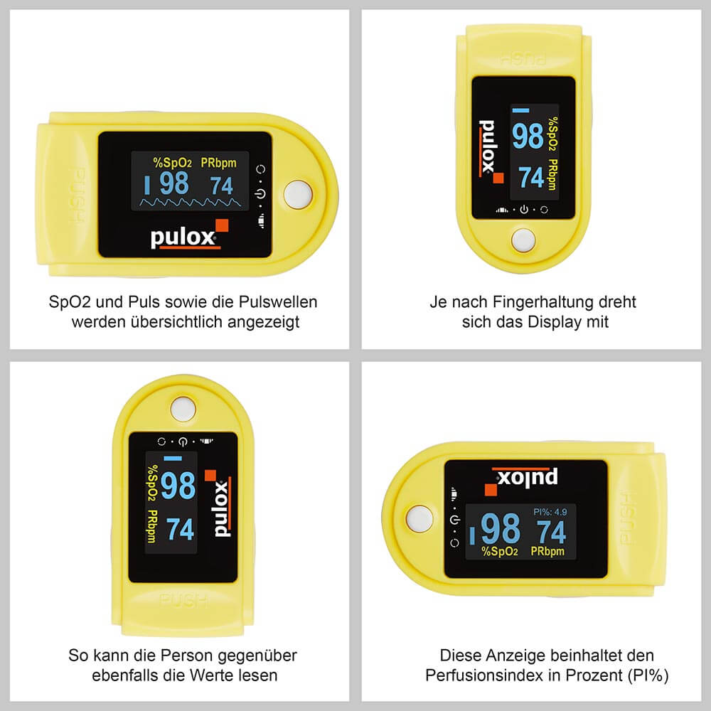 Pulox Finger-Pulsoximeter PO-200, drehbare OLED-Anzeige, Gelb