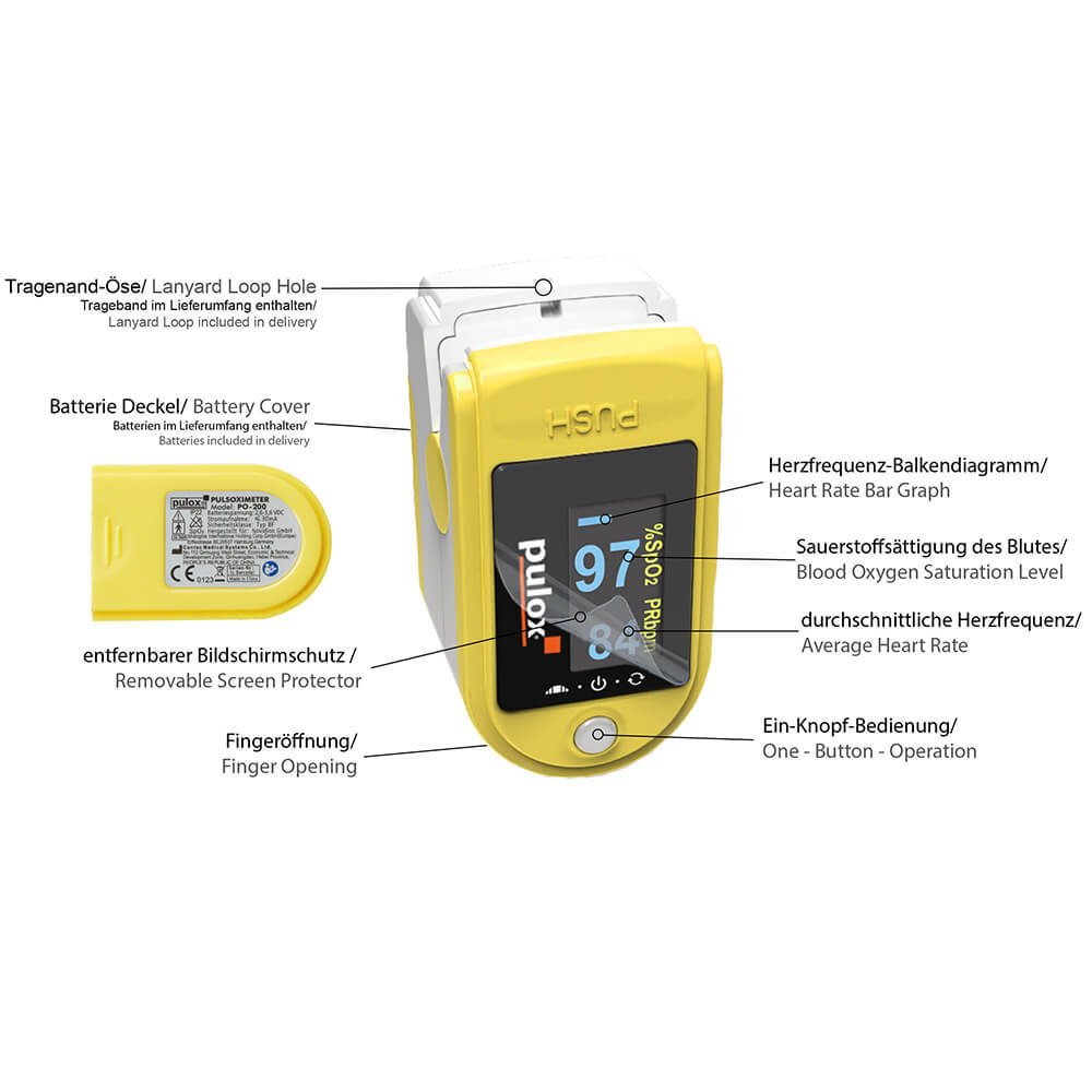 Pulox Finger-Pulsoximeter PO-200, drehbare OLED-Anzeige, Gelb