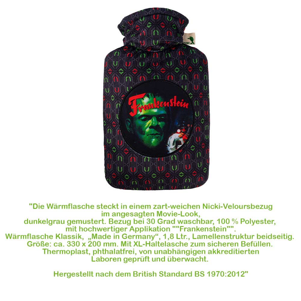 Hugo Frosch Klassik Wärmflasche 1,8 L, Nicki-Veloursbezug, Frankenstein