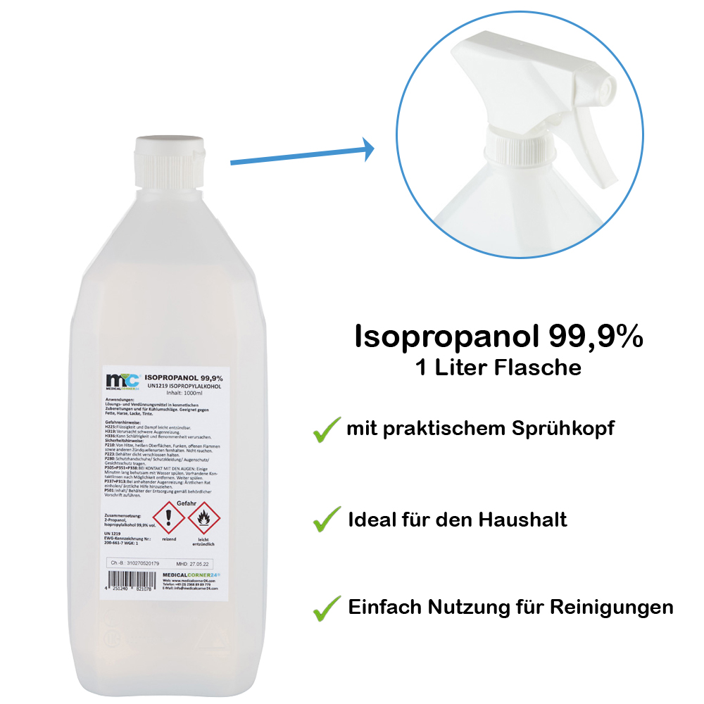 Medicalcorner24 Isopropanol 99,9%, Isopropylalkohol, 1 L Sprühflasche