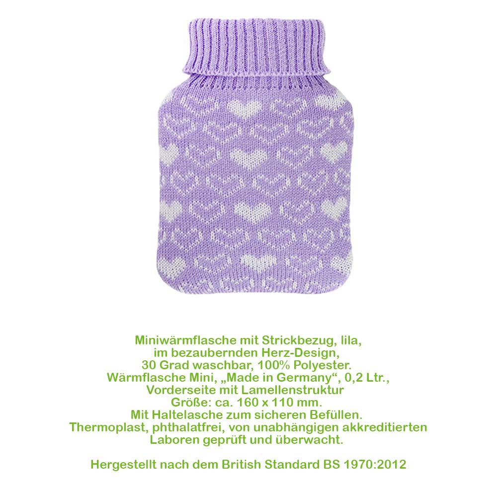 Hugo Frosch Mini Wärmflasche 0,2 L, Strickbezug, Herzen, lila