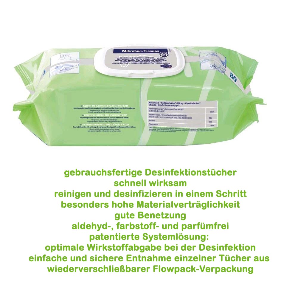 BODE Mikrobac Tissues, Desinfektionstücher, Flow Pack mit 80 Tüchern