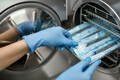 Arzt nimmt zahnärztliche Sonde aus dem Sterilisiergerät Sterilisationsfolie für Autoklaven