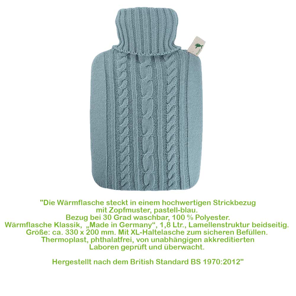 Hugo Frosch Klassik Wärmflasche 1,8 L, Strickbezug, pastell-blau