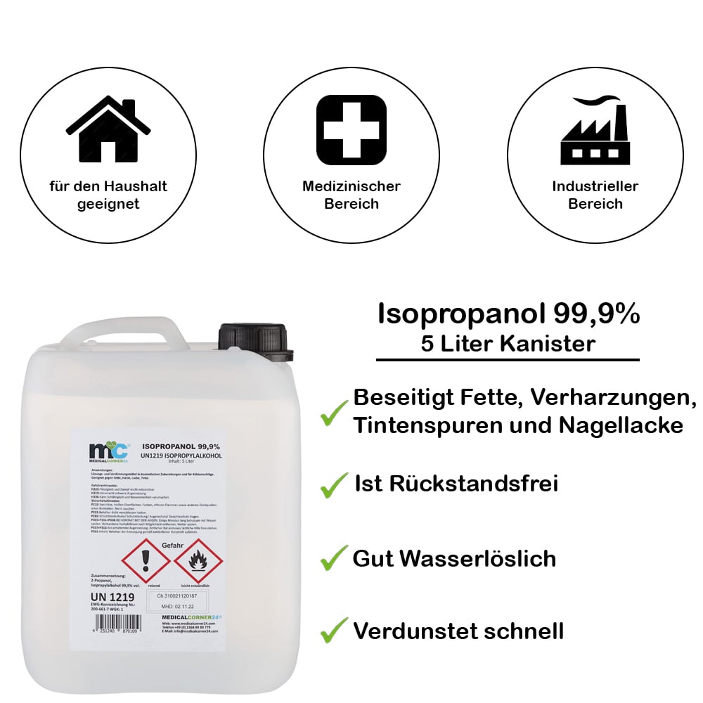 Isopropanol 99,9 %, Isopropylalkohol, Reinigung, Desinfektion, 5 L
