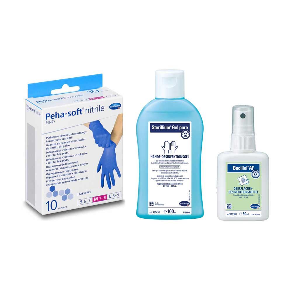 Desinfektion-Set, Sterillium Gel pure, Bacillol AF, Nitrilehandschuhe